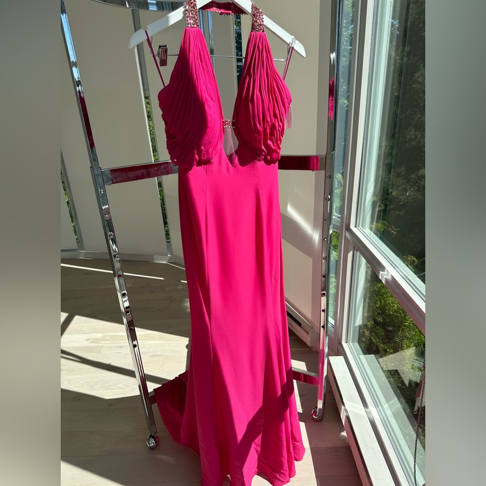 Beautiful designer pink V neck open back long dress